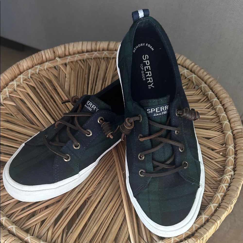Sperry Women's Memory Foam Top-Sider Dark Green/Nvy Plaid Boat Shoes Size 7.5